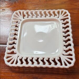 vintage Westmoreland milk glass square plate with a reticulated lace edge